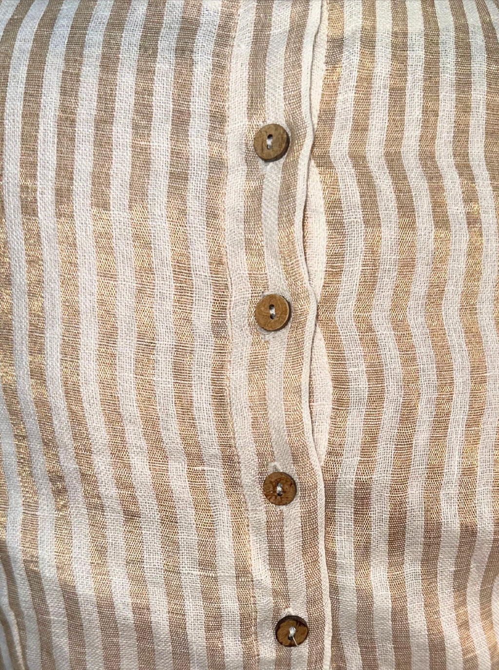 Handloom Golden Striped Tissue Linen Blouse with Round Neck and Back Wooden Buttons