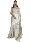 Silver tissue linen handloom saree with attached blouse