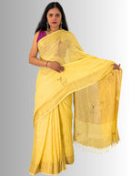 mango yellow handloom saree with hand embroiedry with blouse