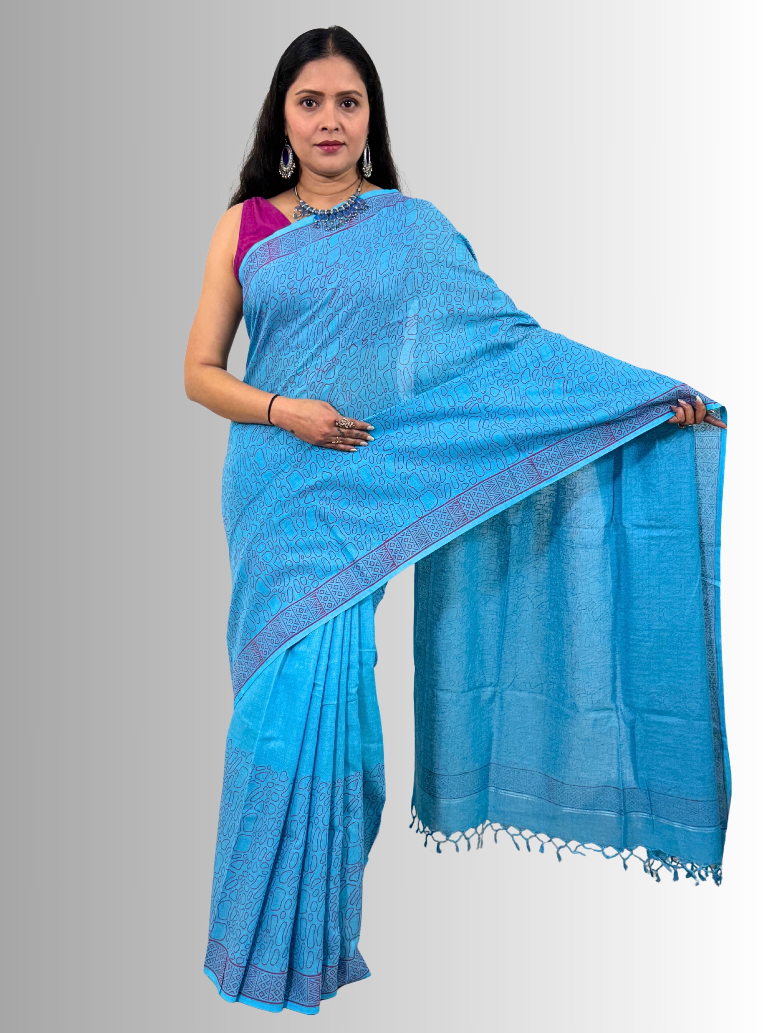Handloom Cotton Linen Turquoise Hand Block Print Saree with Blouse