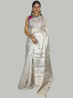 Silver tissue linen handloom saree with attached blouse