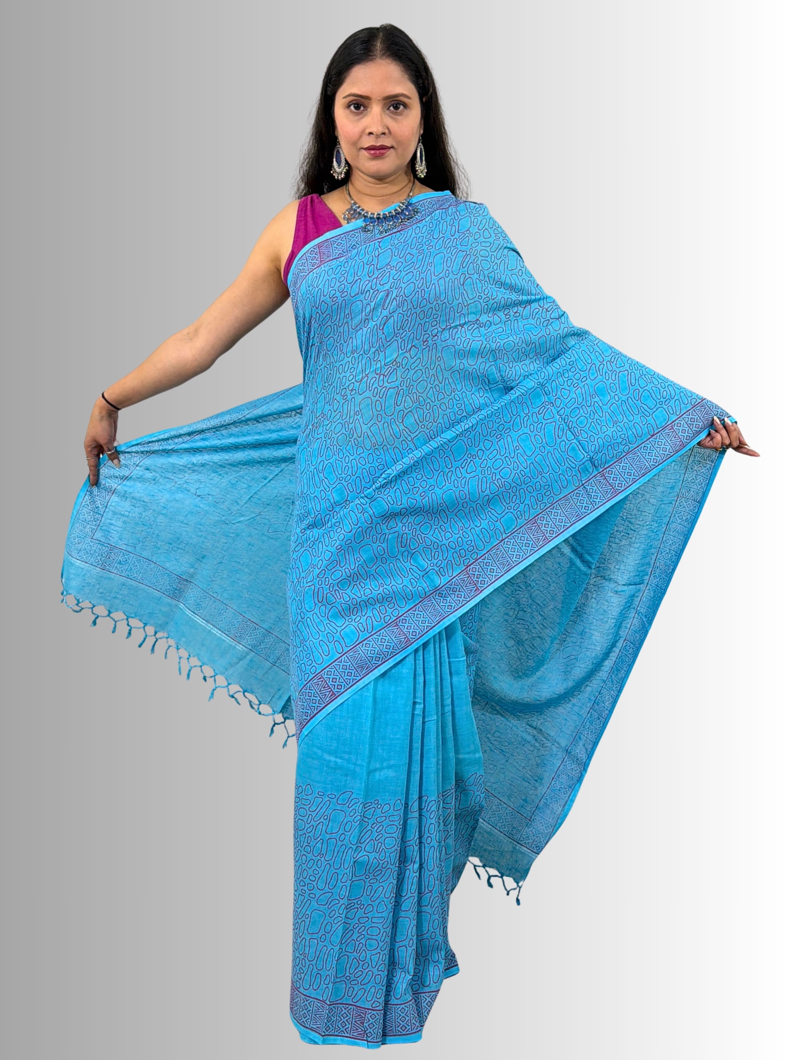 Handloom Cotton Linen Turquoise Hand Block Print Saree with Blouse