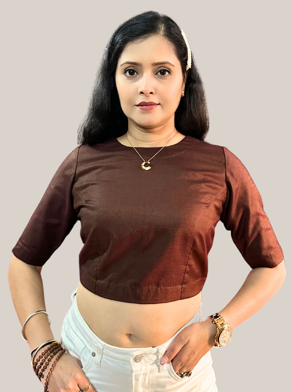 Round Neck Dark Brown Cotton Tussar Silk Blouse with Back Wooden Buttons