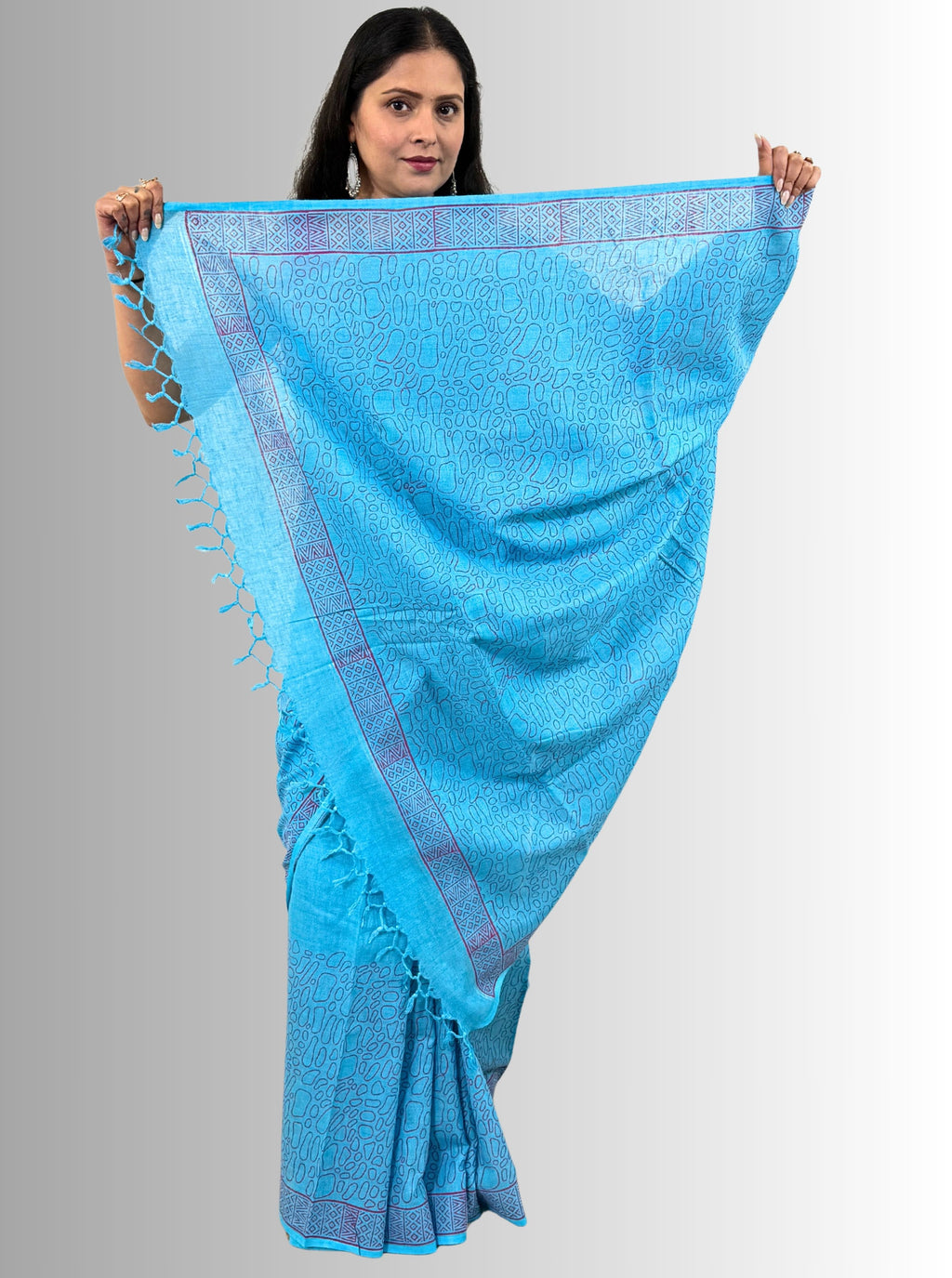 Handloom Cotton Linen Turquoise Hand Block Print Saree with Blouse