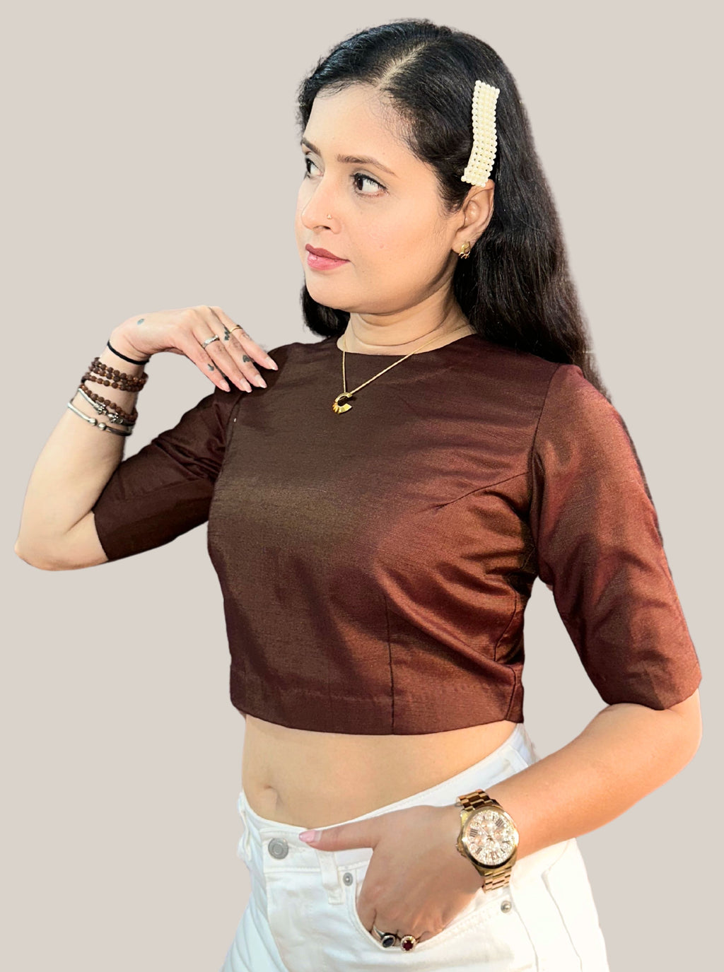 Round Neck Dark Brown Cotton Tussar Silk Blouse with Back Wooden Buttons
