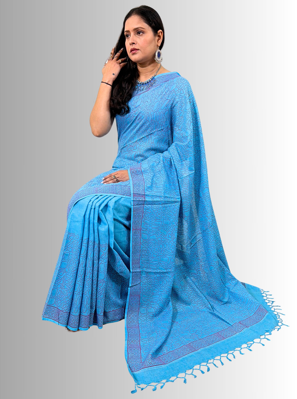 Handloom Cotton Linen Turquoise Hand Block Print Saree with Blouse