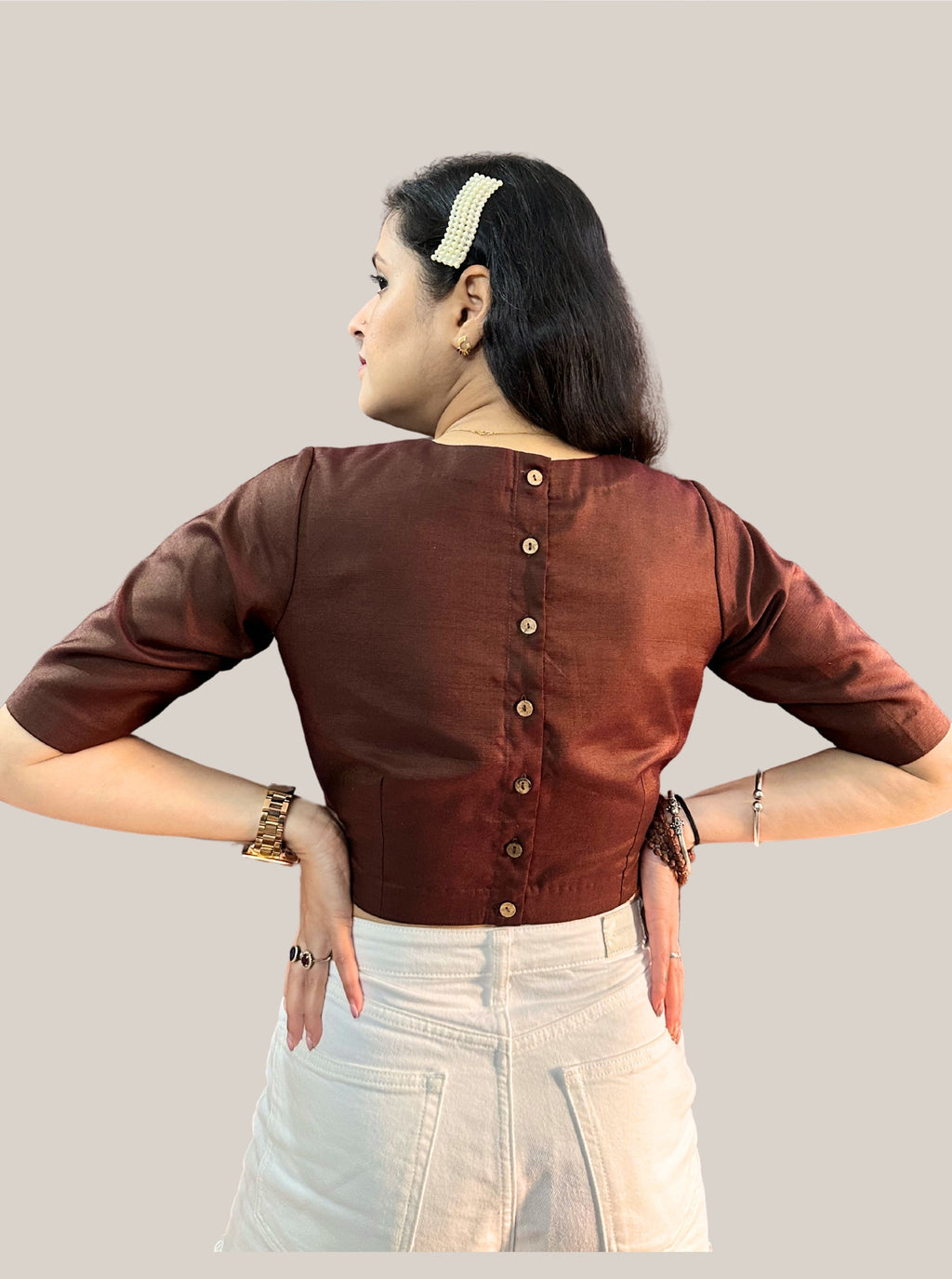 Round Neck Dark Brown Cotton Tussar Silk Blouse with Back Wooden Buttons