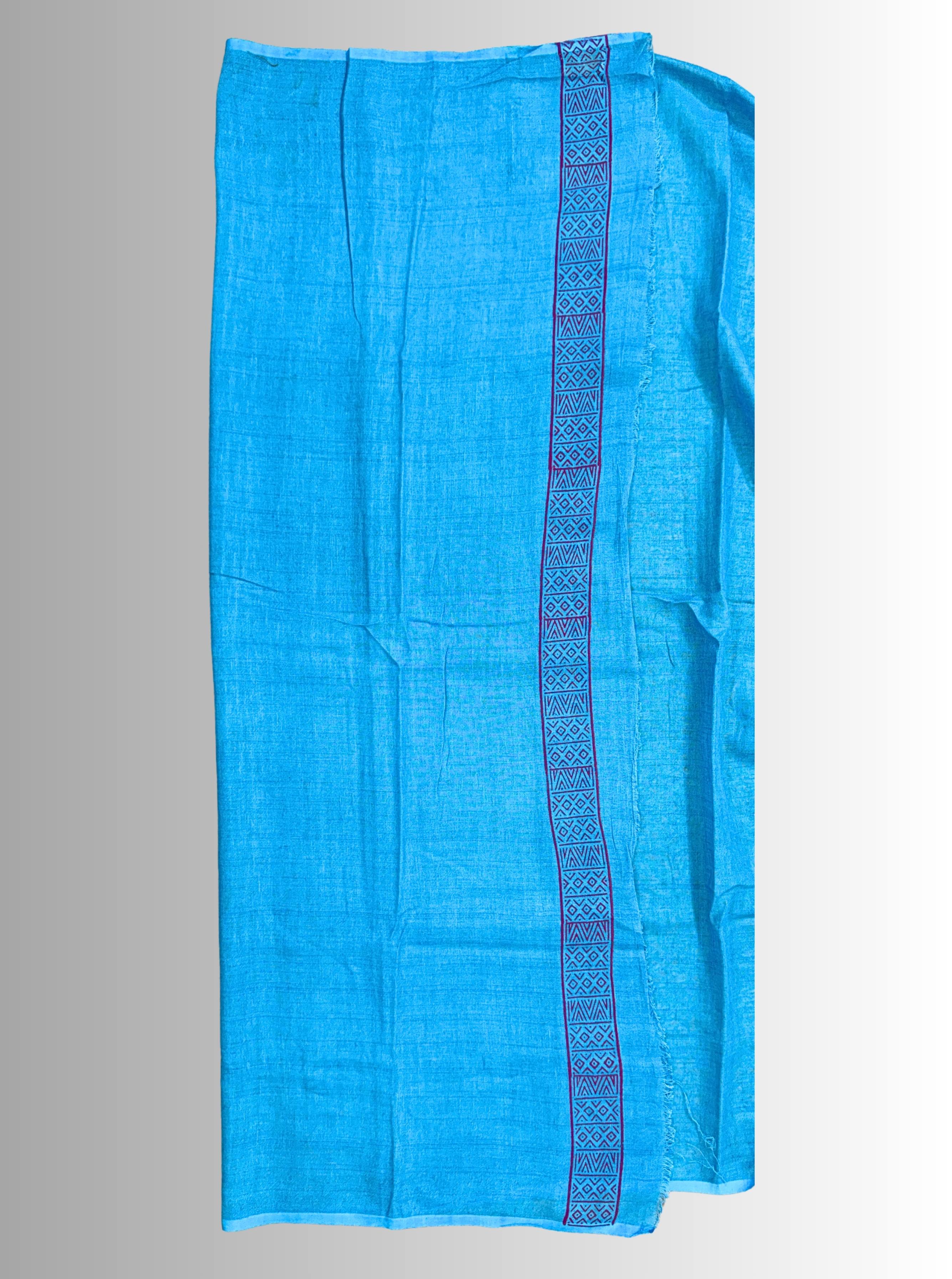 Handloom Cotton Linen Turquoise Hand Block Print Saree with Blouse