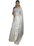 silver and white stripes handloom tissue linen saree with attached blouse