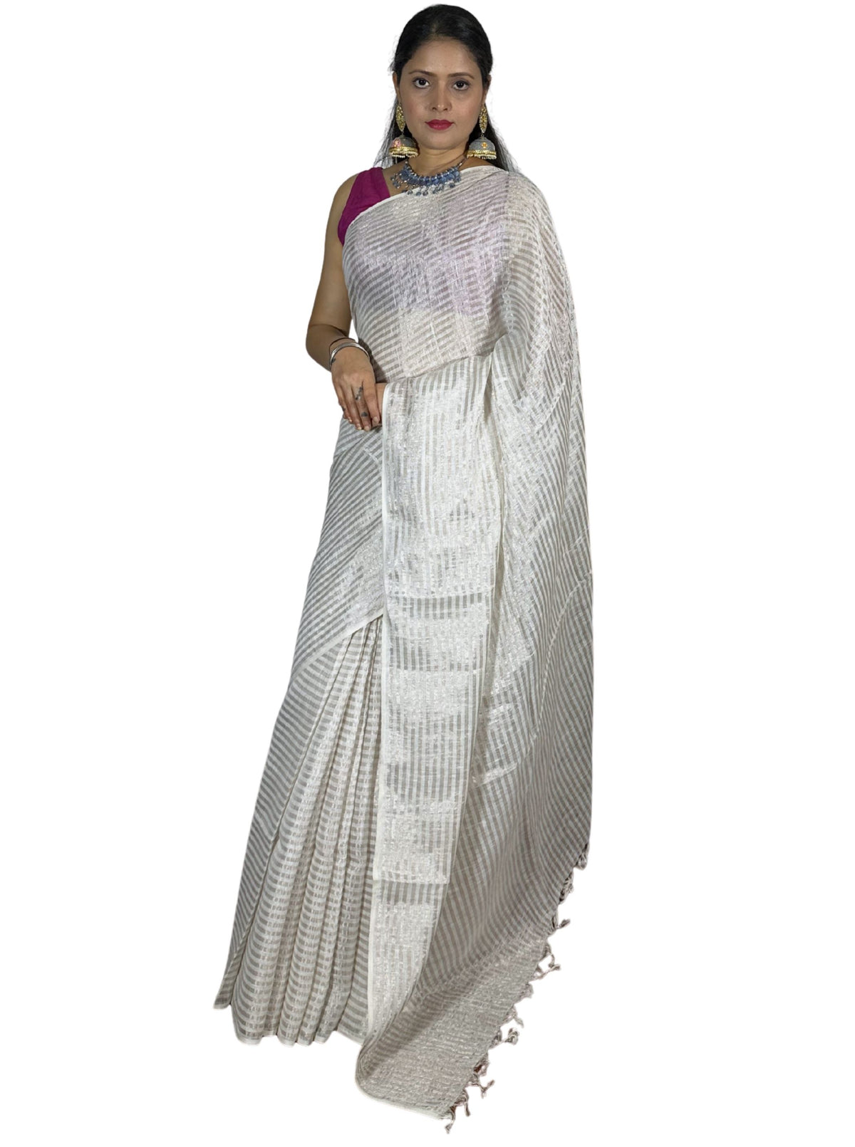 silver and white stripes handloom tissue linen saree with attached blouse