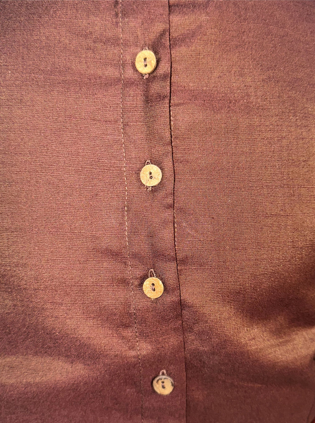 Round Neck Dark Brown Cotton Tussar Silk Blouse with Back Wooden Buttons