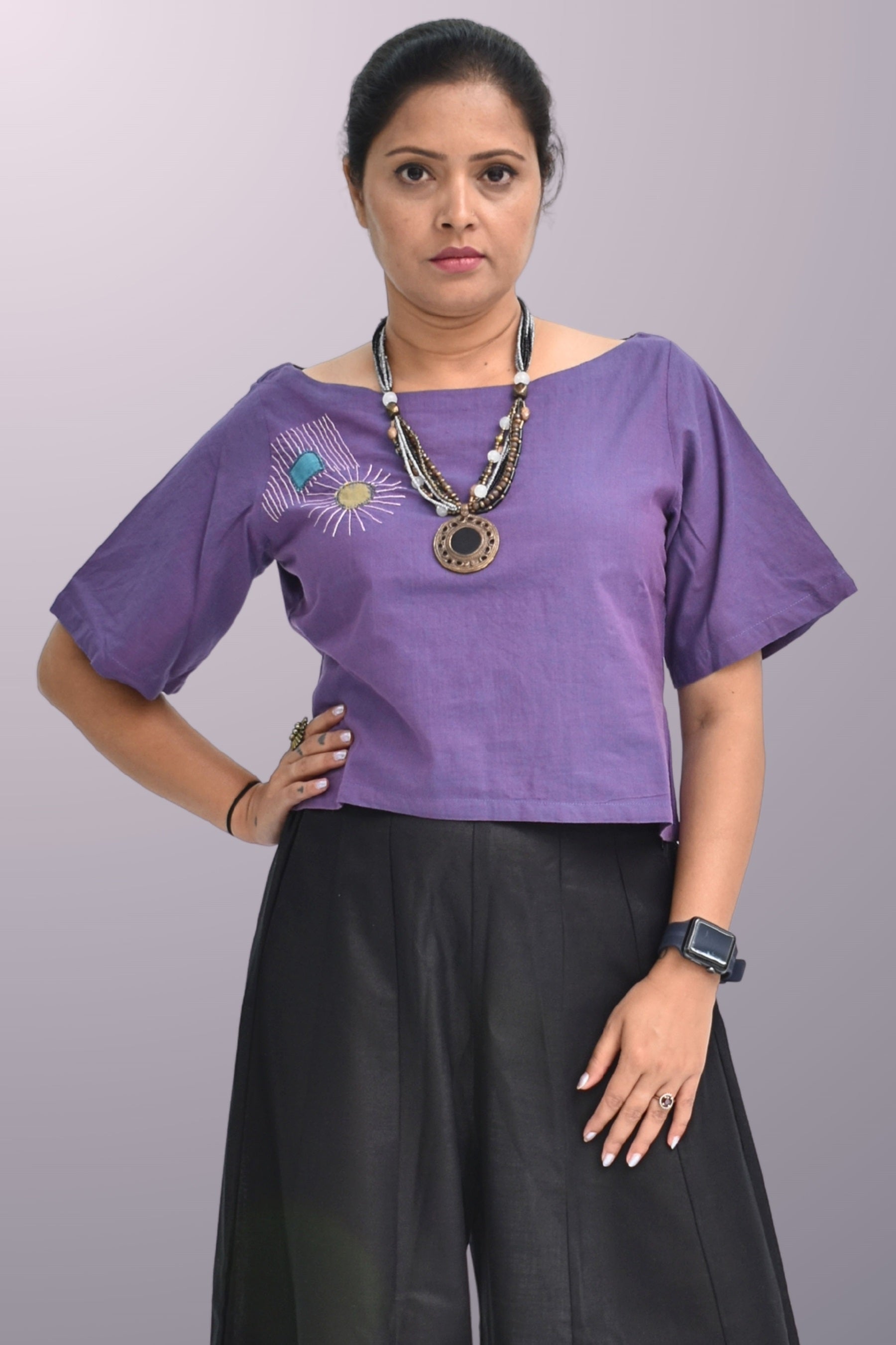 Pure Handloom Cotton Purple Color with Thread Hand Emboidary Top