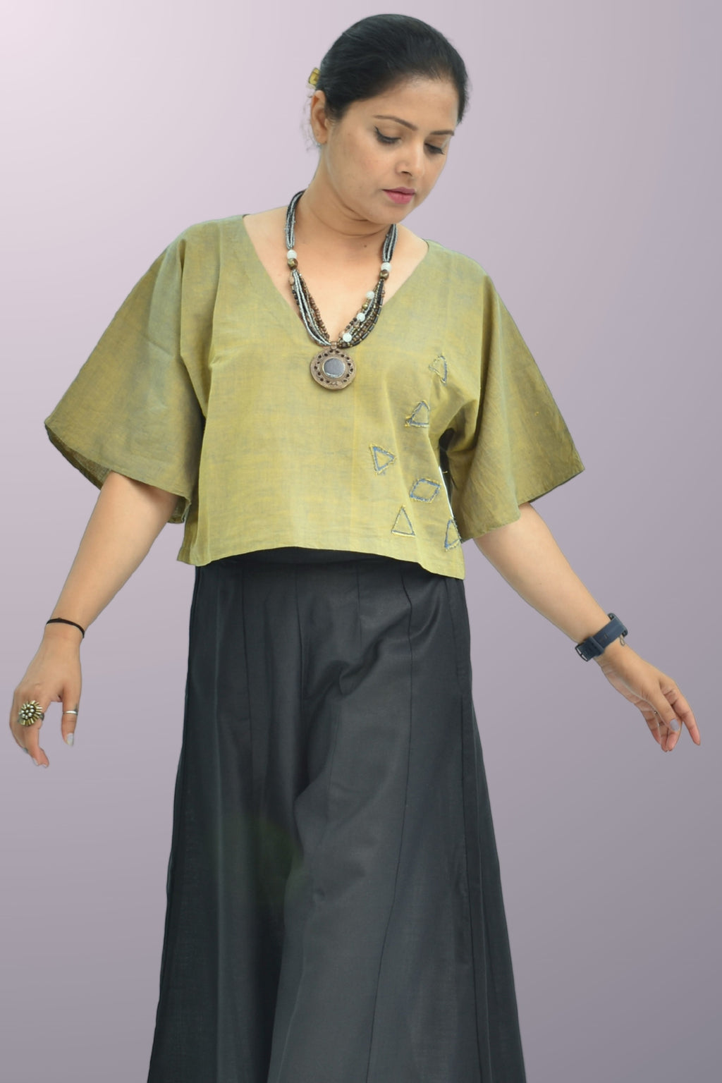 Pure Handloom Cotton Olive Green Color Dual Shade with Patch Work Top