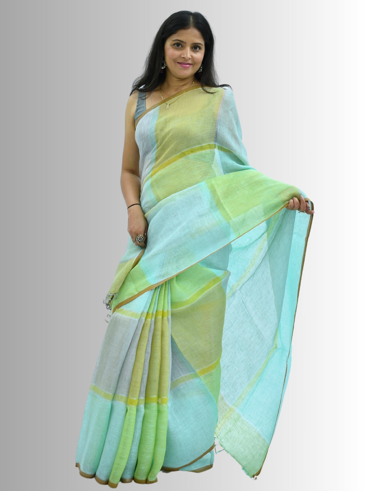 Pure Handloom Linen Multicolor Check Saree