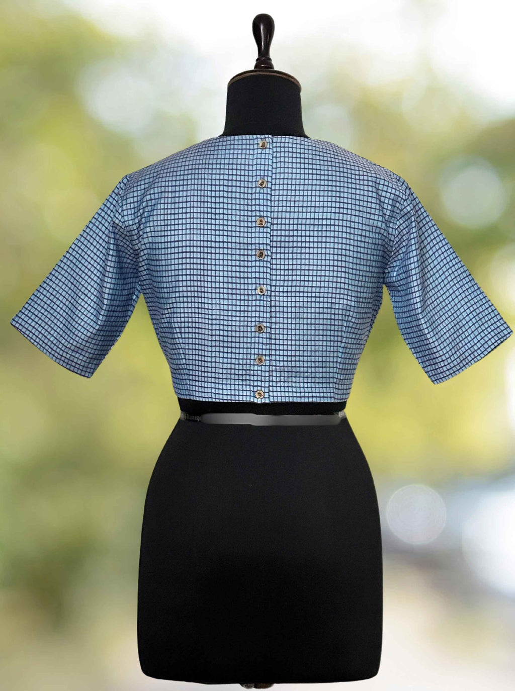 Pure Handloom Kosa Silk Blue Check Round Neck Blouse