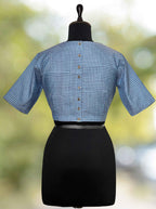 Pure Handloom Kosa Silk Blue Check Round Neck Blouse