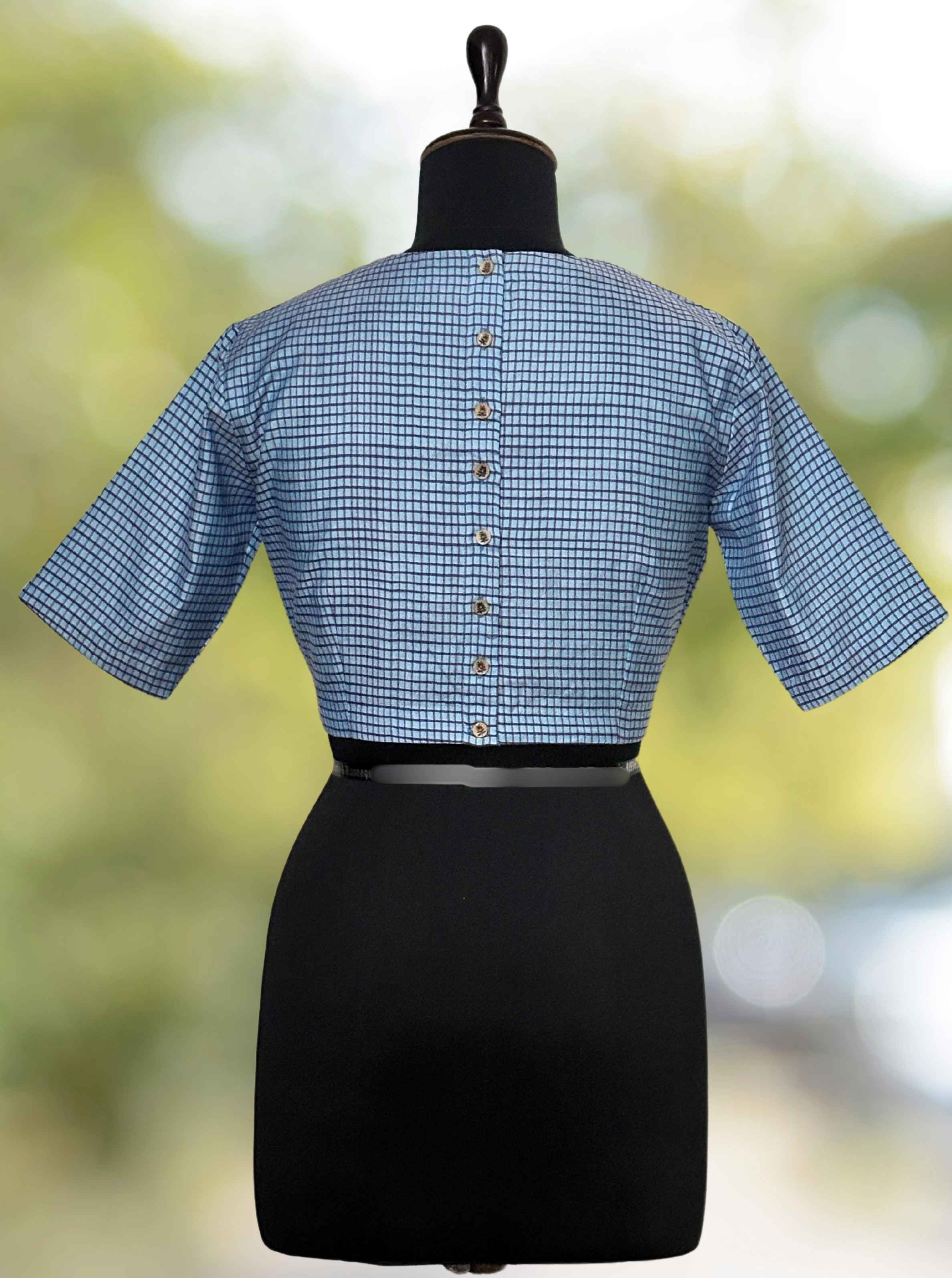 Pure Handloom Kosa Silk Blue Check Round Neck Blouse