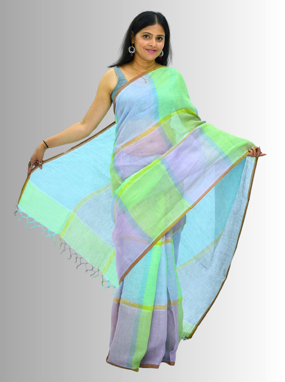 Pure Handloom Linen Multicolor Check Saree