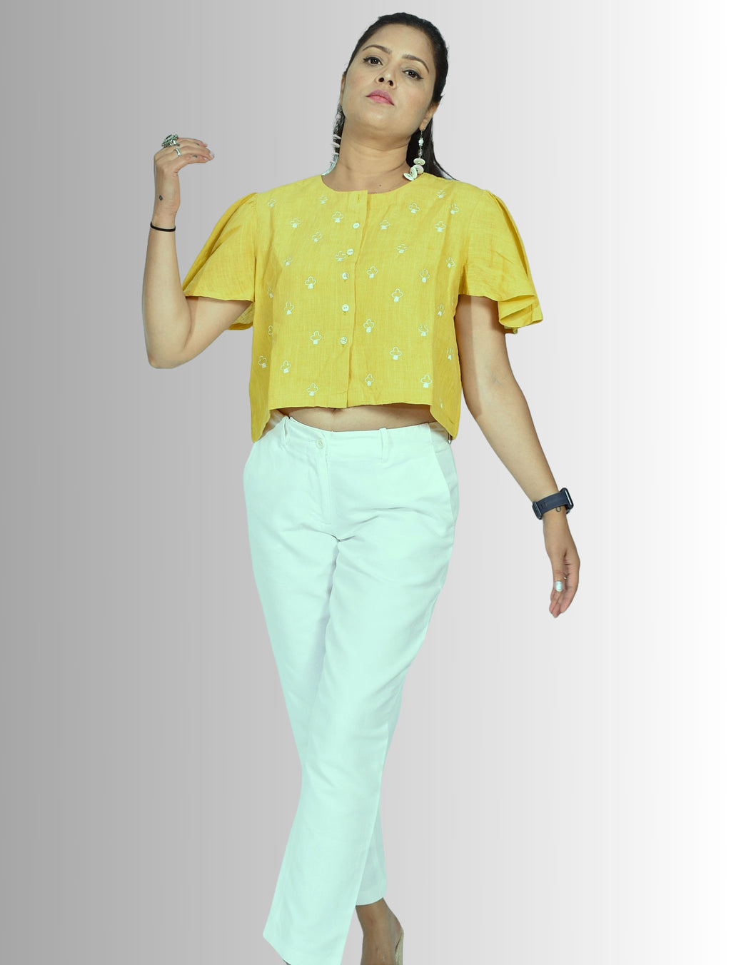 Pure Handloom Linen Haldi Yellow Hand-Embroidered Top