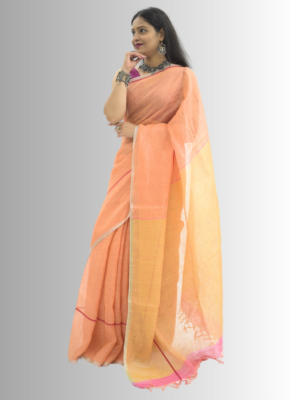 Pure Handloom Peach Linen Saree
