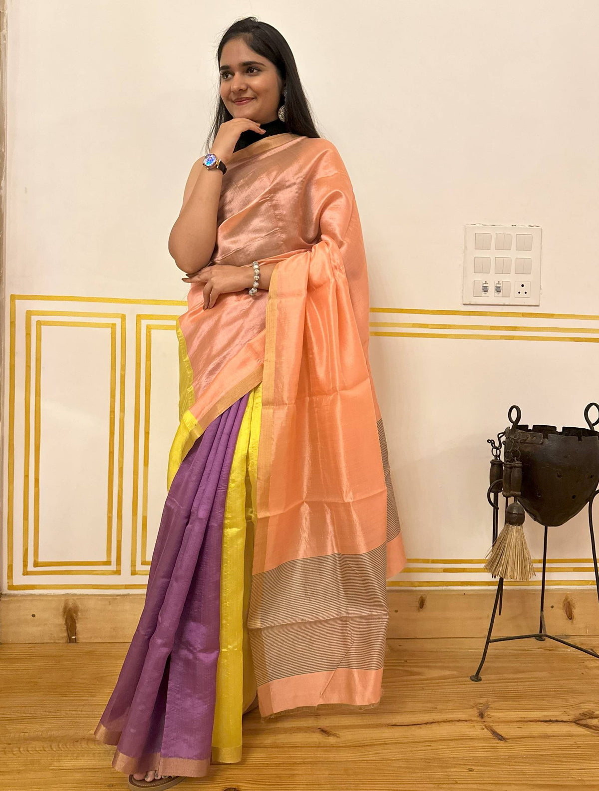 Tri color Chanderi Pattu Silk Saree
