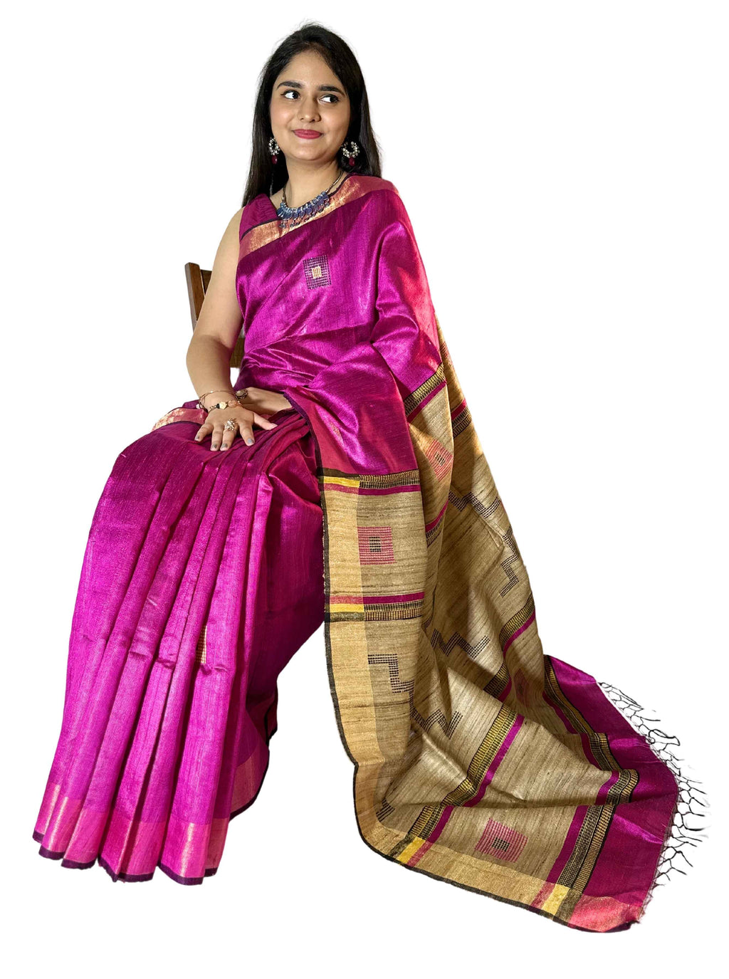 Pure handloom Pink Ghicha Tussar Silk Saree