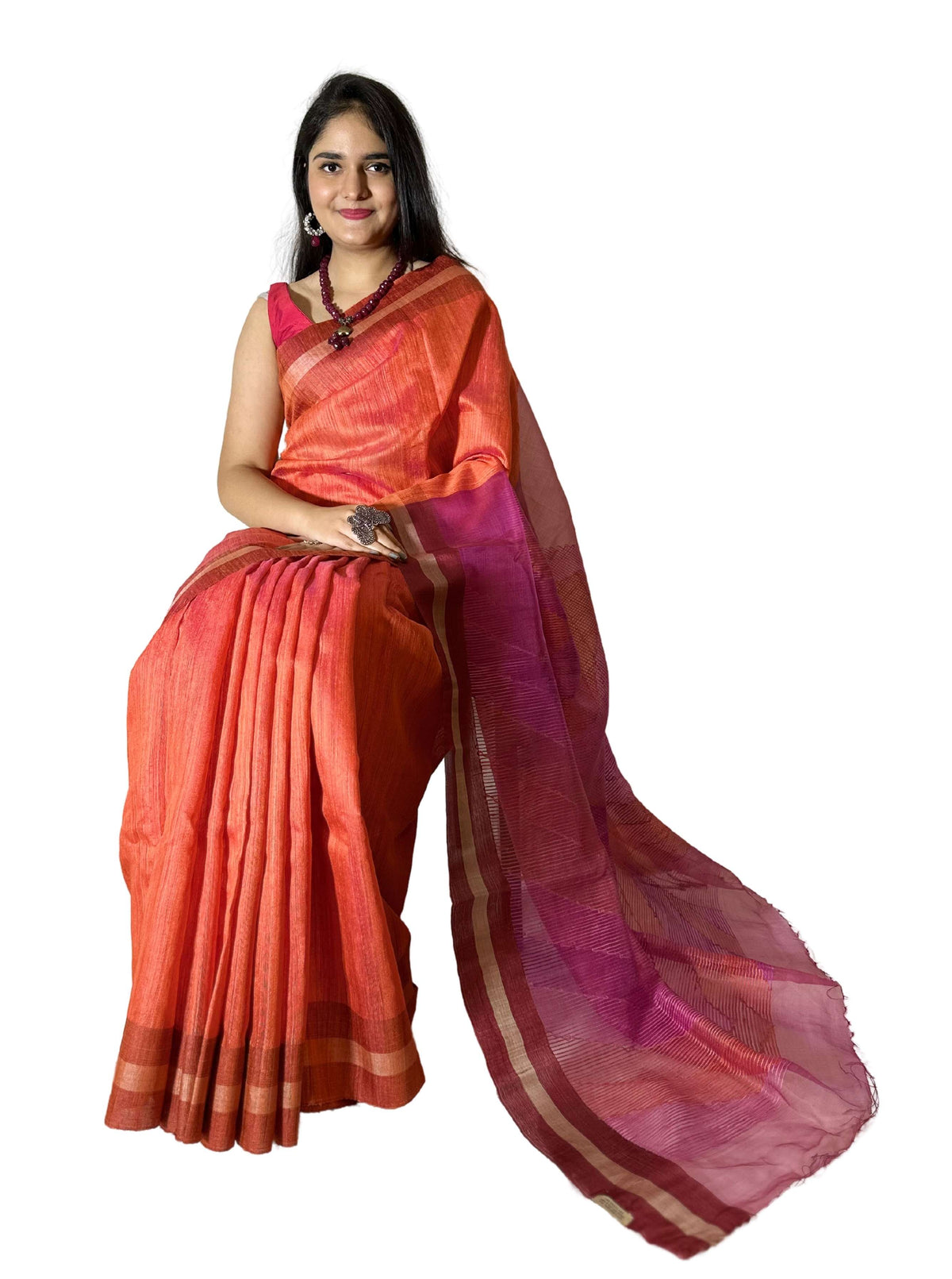 Pure handloom Orange and Pink Tussa Silk Saree with Jamdani work
