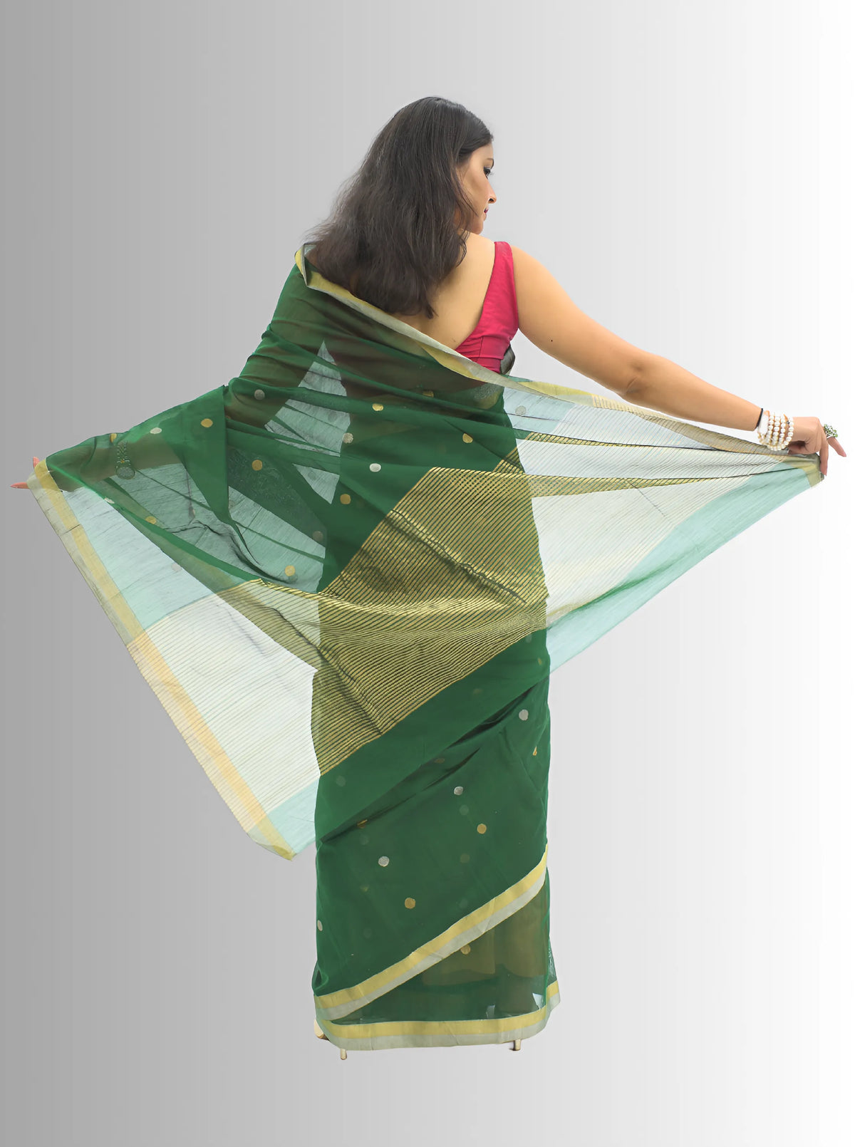 Chanderi Silk Green  Saree with Golden & Silver Border