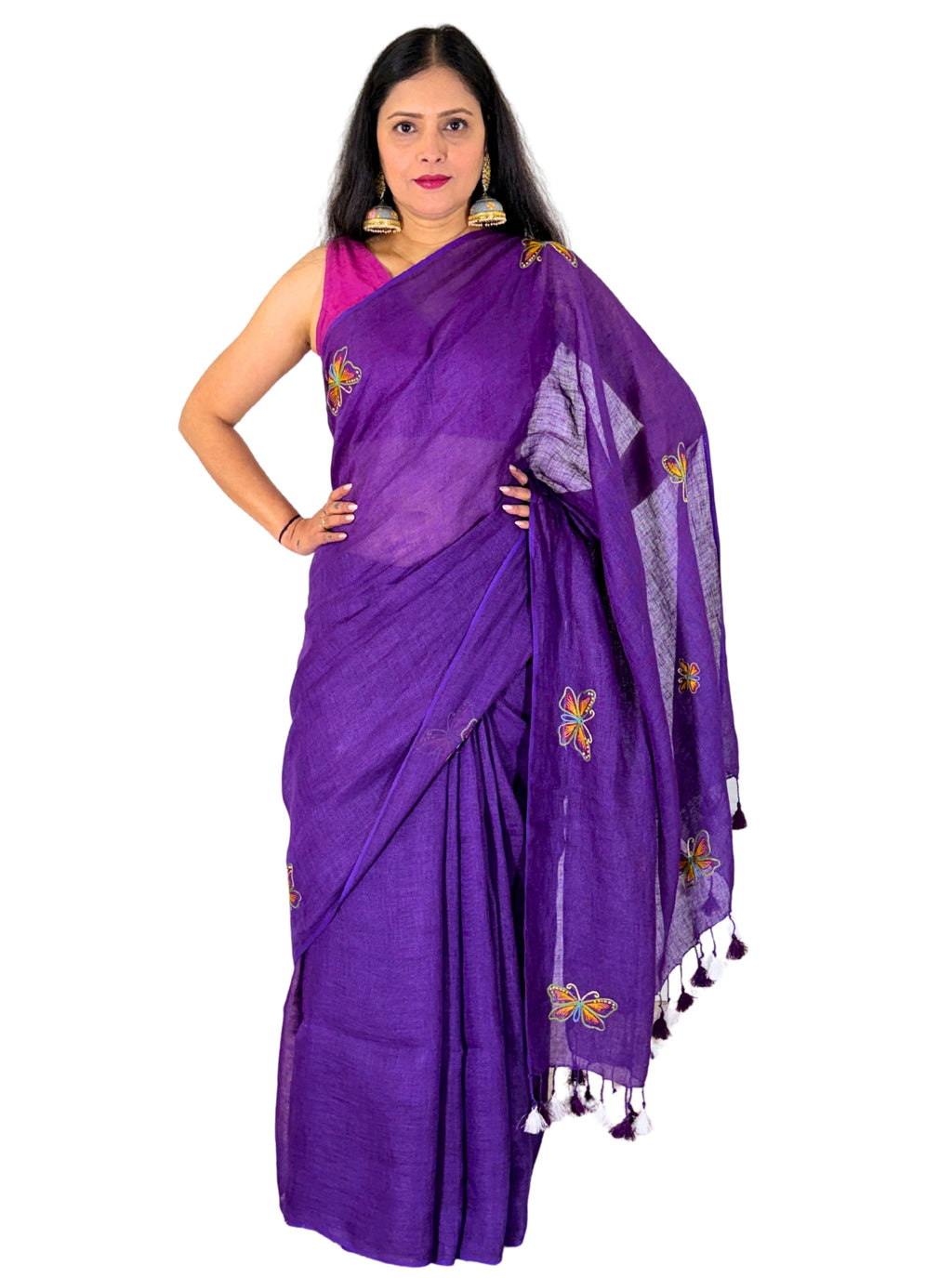 handloom linen with blouse purple hand embroidered saree with butterfly motif