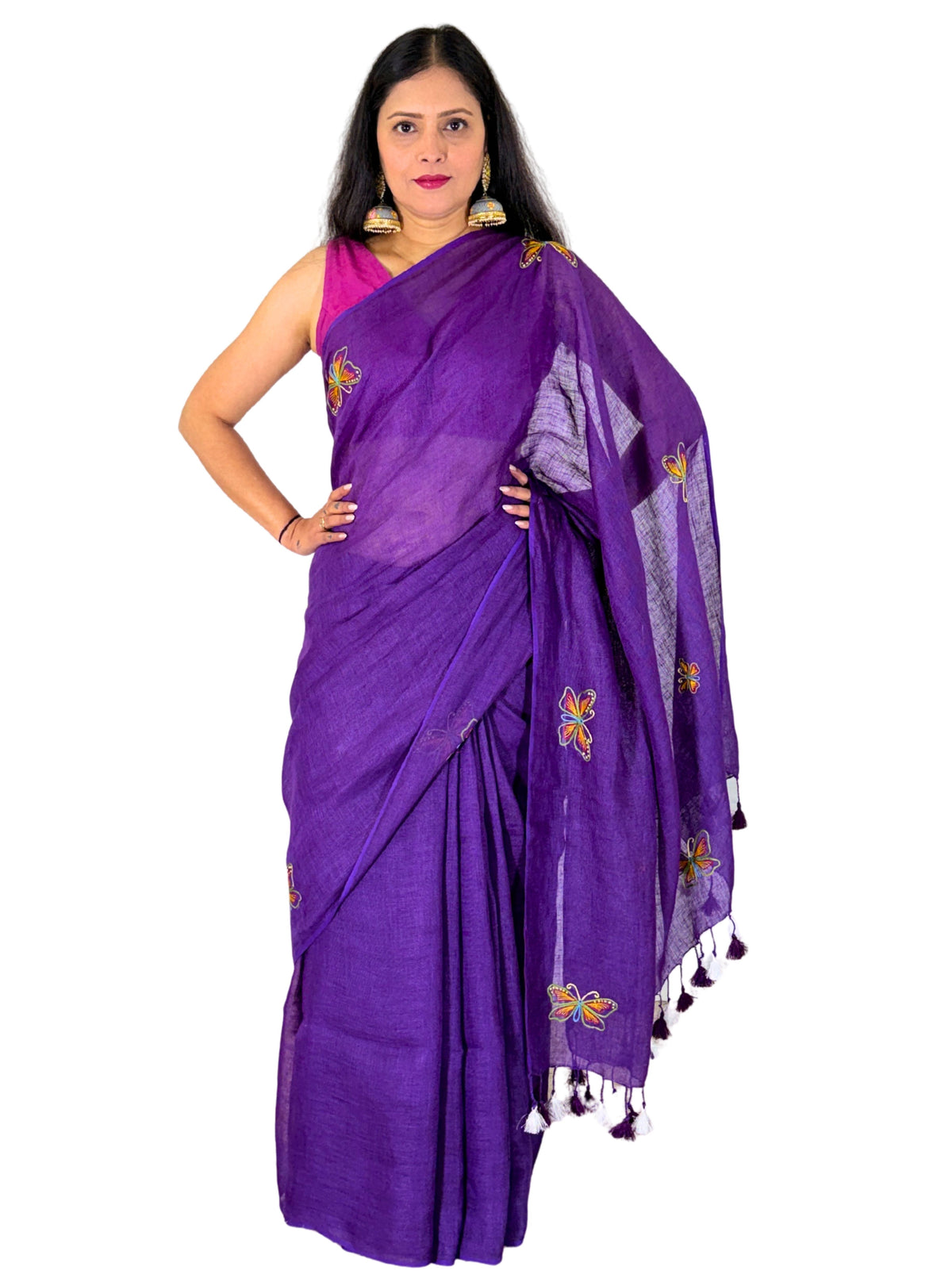 handloom linen with blouse purple hand embroidered saree with butterfly motif