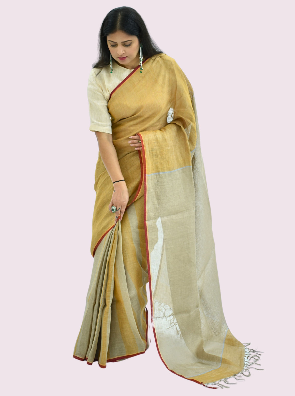 Pure Handloom Linen Beige Brown Saree
