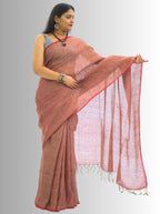 Pure Handloom Red & Brown Striped Linen Saree
