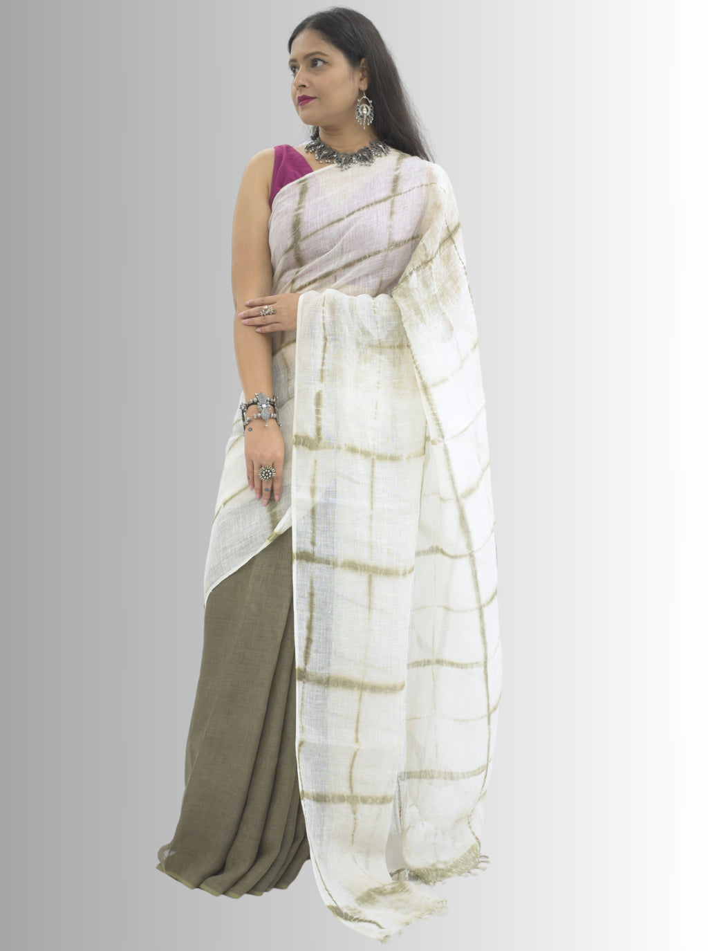 Pure Handloom Linen Olive Green & White Tie Dye Saree
