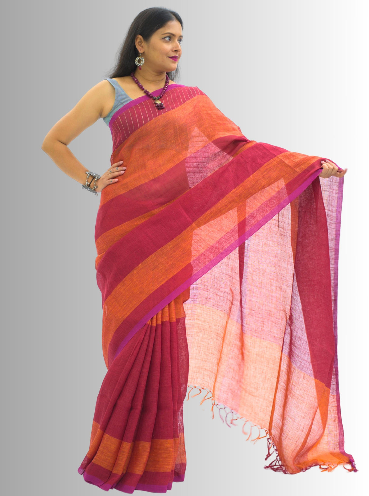 Pure Handloom Red & Orange Linen Saree (Copy)