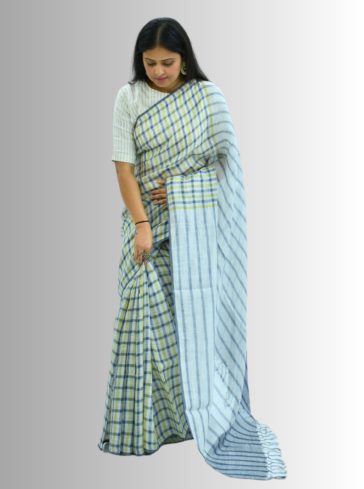 Pure Handloom Linen Beige Brown & Pink Check Saree