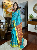 Pure handloom Teal Colour Tussar Silk Saree with Jamdani work