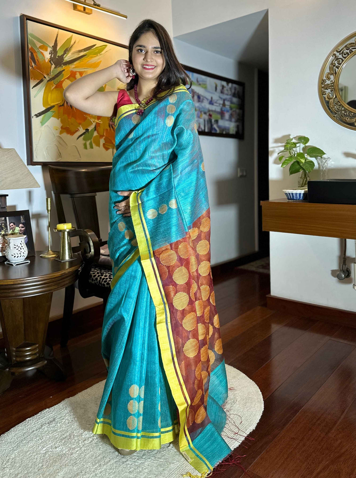 Pure handloom Teal Colour Tussar Silk Saree with Jamdani work