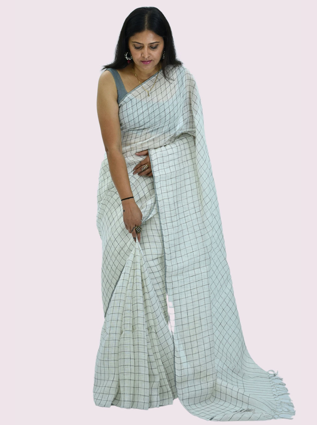 Pure Handloom Linen White Check Saree