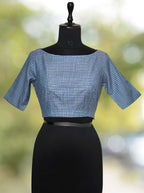 Pure Handloom Kosa Silk blue check boat Neck Blouse