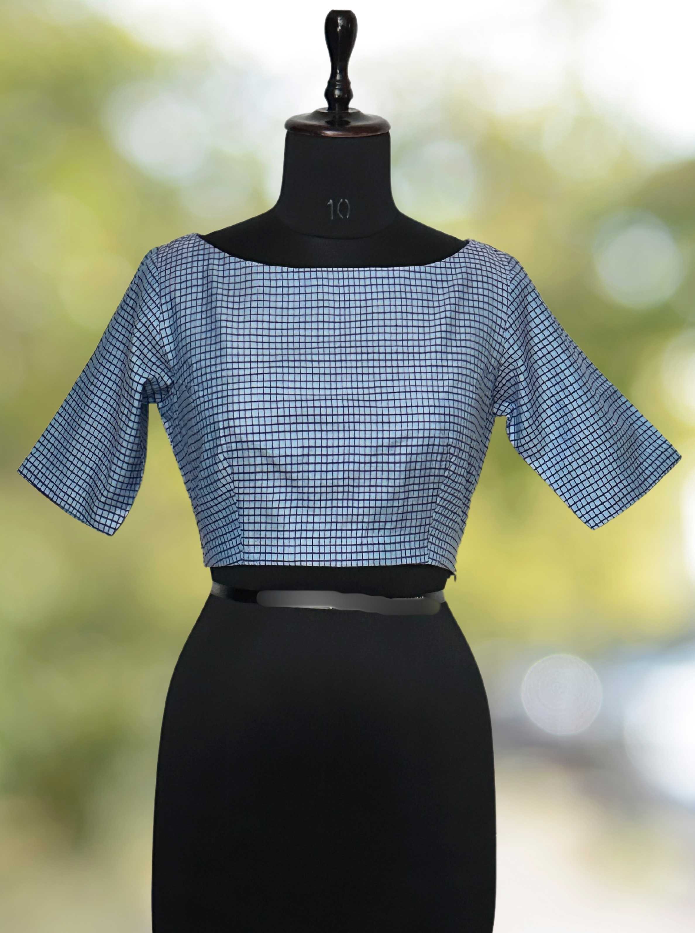 Pure Handloom Kosa Silk blue check boat Neck Blouse