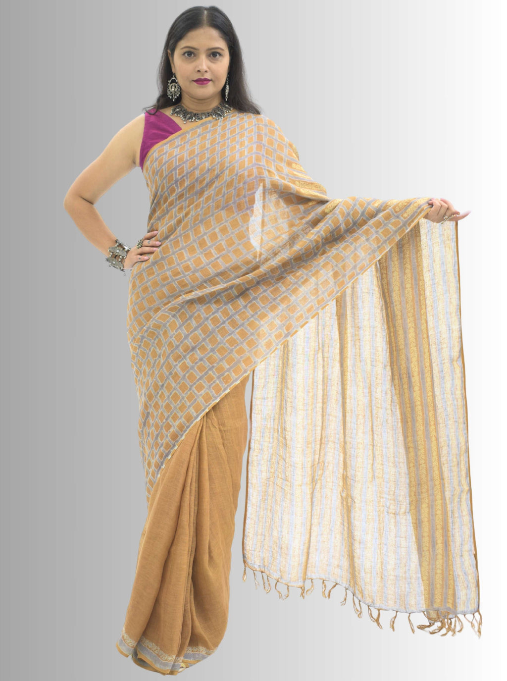 Pure Handloom Linen Brown Handblock Print Saree