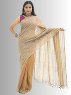 Pure Handloom Linen Brown Handblock Print Saree