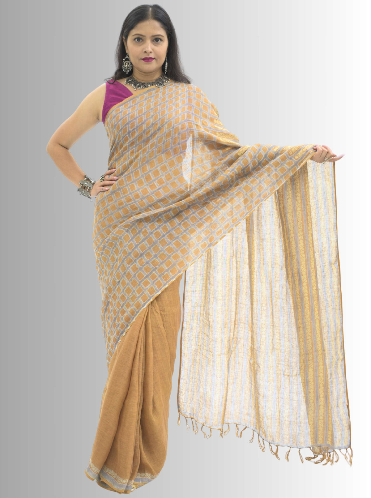 Pure Handloom Linen Brown Handblock Print Saree
