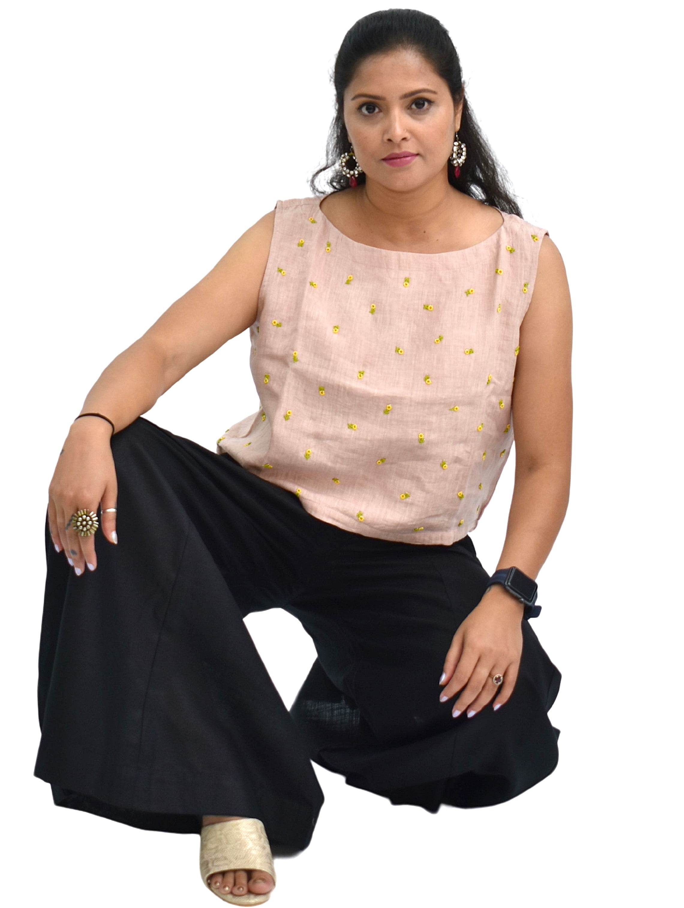 Pure Handloom Linen Heather Peach Hand-Embroidered Top