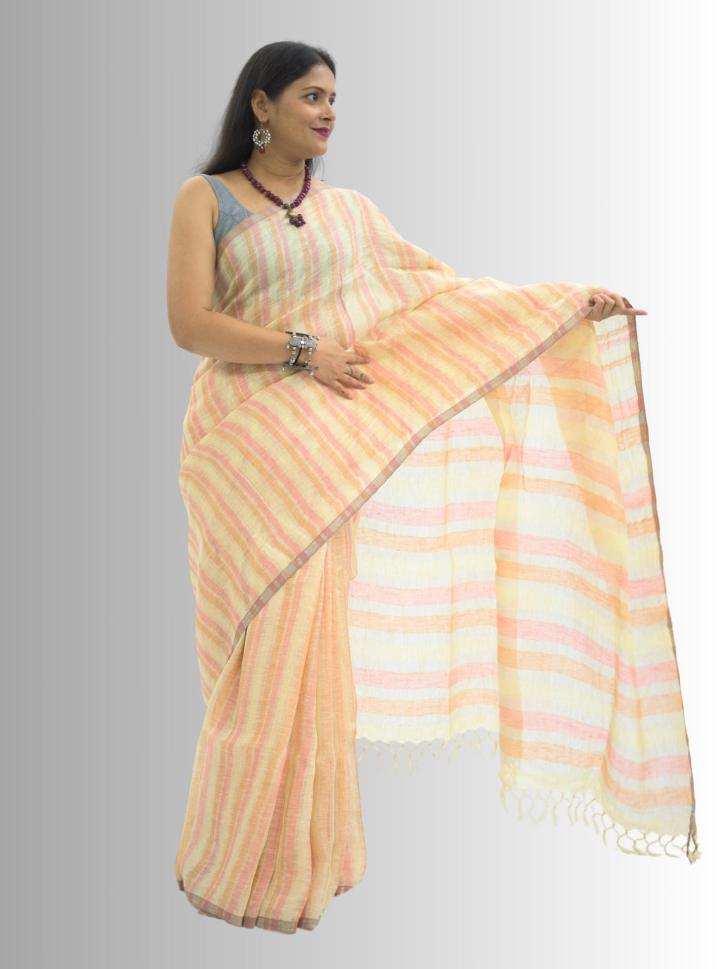 Pure Handloom Yellow, Peach & Silver Stripes Linen Saree