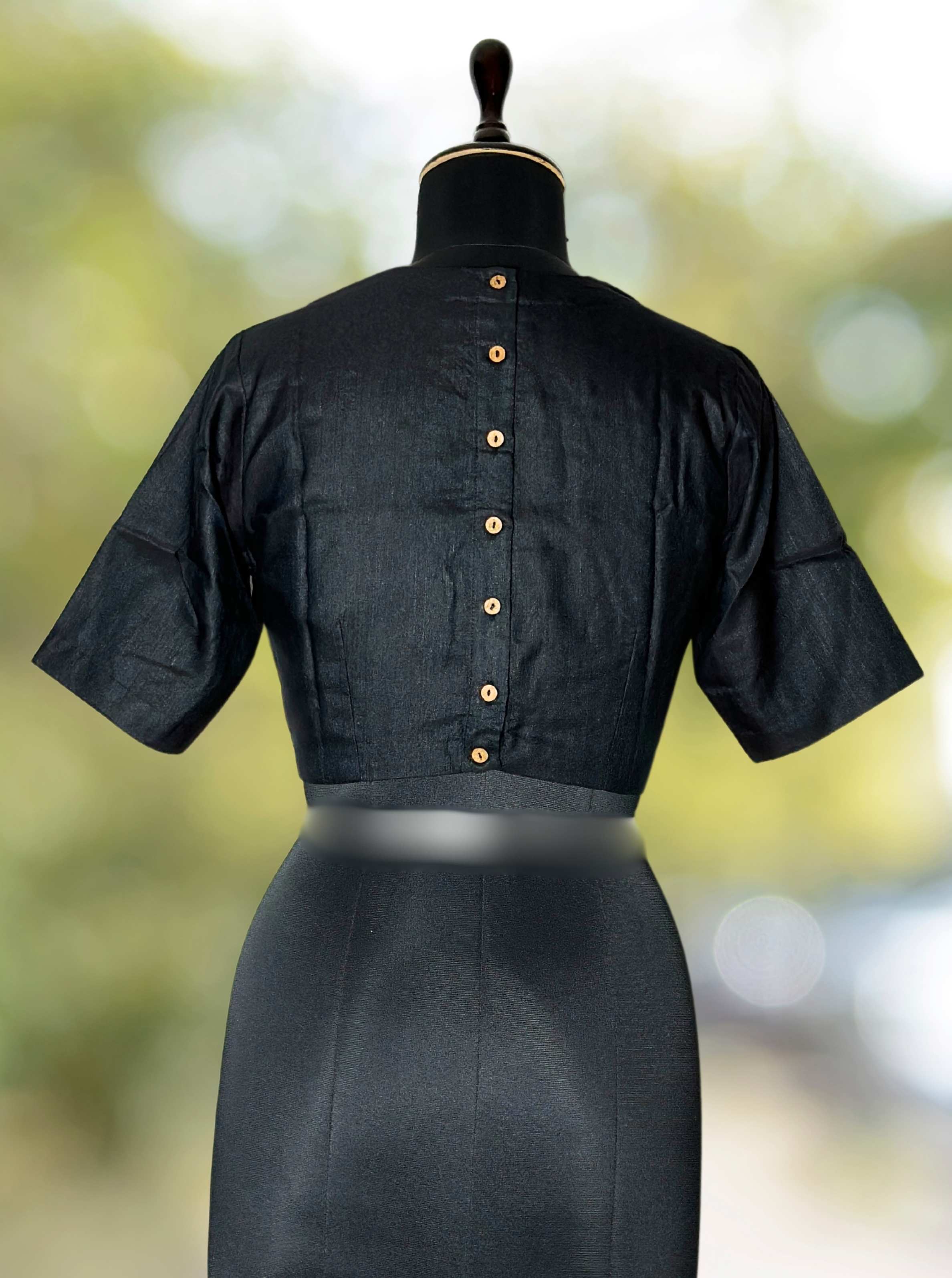 Pure Handloom Kosa Silk Black solid Round Neck Blouse