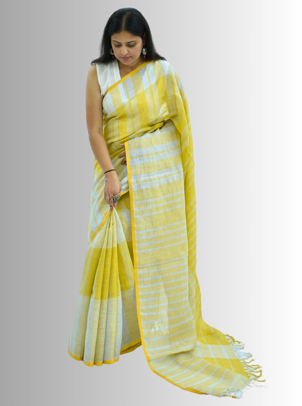 Pure Handloom Linen White & Yellow Saree
