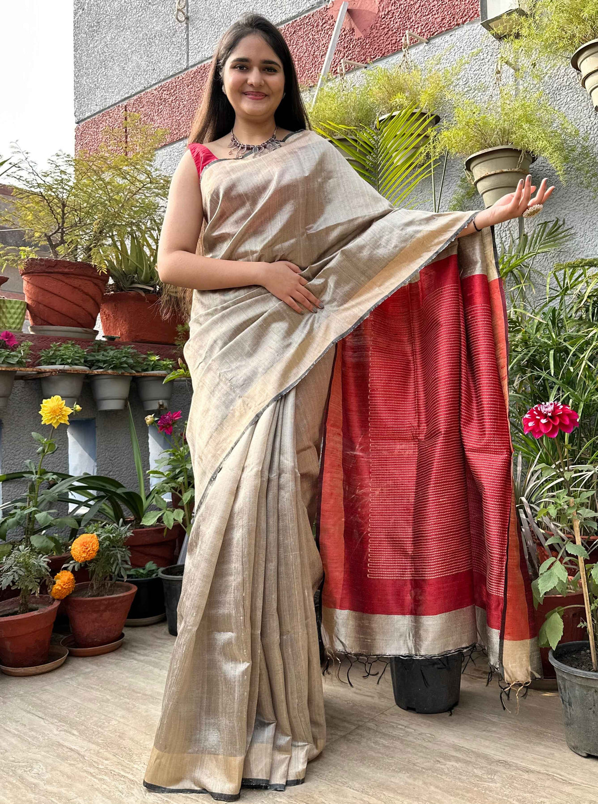 Pure handloom Beige and Red Ghicha Tussar Silk sare