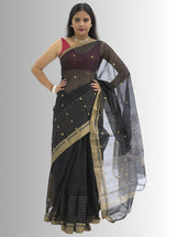 Chanderi Silk Black  Saree with Golden Zari Stripes Border