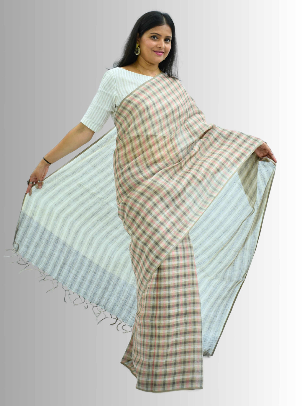 Pure Handloom Linen Beige Brown & Pink Check Saree